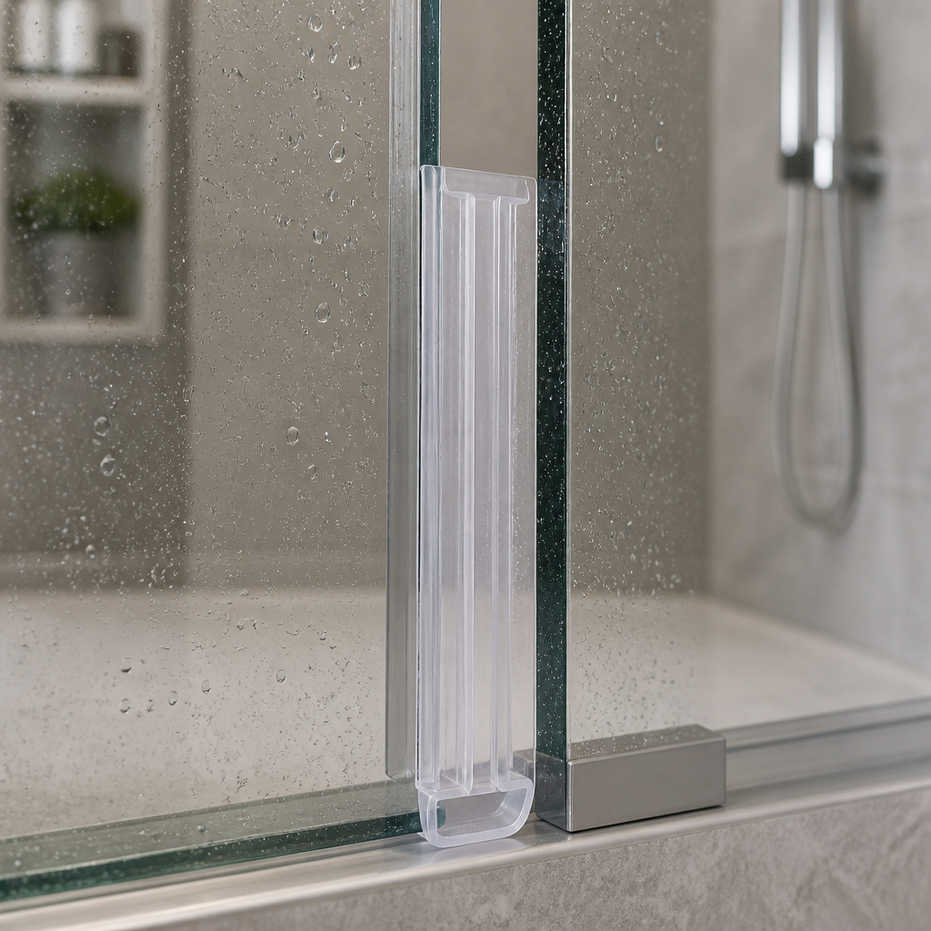 Clear ribbed seal fitted vertically along a glass frame edge, near the shower tray.