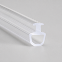 Clear T-profile seal with a long fluted, ribbed blade, diagonal studio shot on grey.