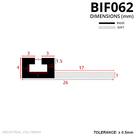 Diagram headed BIF062 in mm: 26mm overall, 4mm tall rigid channel with 3mm lips, 17mm soft blade