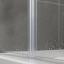 Clear arrow-hook seal fitted at the base of a glass shower door, plant on the shelf behind.