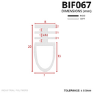 Dimensioned drawing in mm: 8mm top flange over stacked 4mm ribs, 20mm tall, 13mm hollow U foot; rigid and soft key