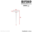 Dimensioned section in mm: 8.5mm T-head, 30mm tall, tapering from 4mm to a 1mm tip; rigid and soft key