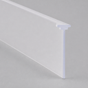 Clear wide flat-blade seal with a small T-lipped top edge, diagonal studio shot on grey.