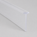 Clear wide flat-blade seal with a small T-lipped top edge, diagonal studio shot on grey.