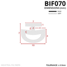 Scale drawing in mm: 7mm top flange, 7mm tall and 10mm wide, hollow curled foot 4mm deep; rigid and soft key