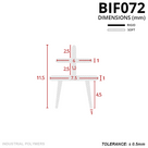 Cross-section in mm of a cross-shaped profile: 6mm T-head, 7.5mm flange, splayed feet, 11.5mm tall, ±0.5mm