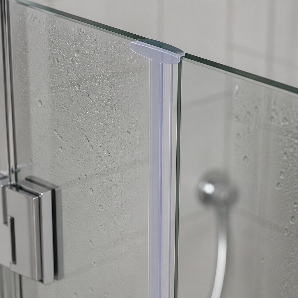 Lilac T-seal fitted at a glass panel hinge corner, chrome shower head visible behind.