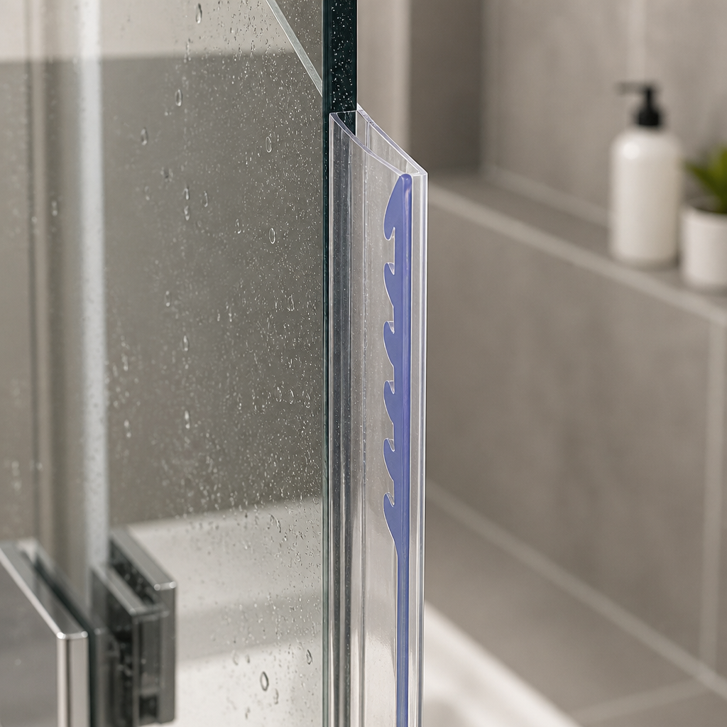 Clear frame seal fitted to a glass shower corner post, soap dispenser and plant behind