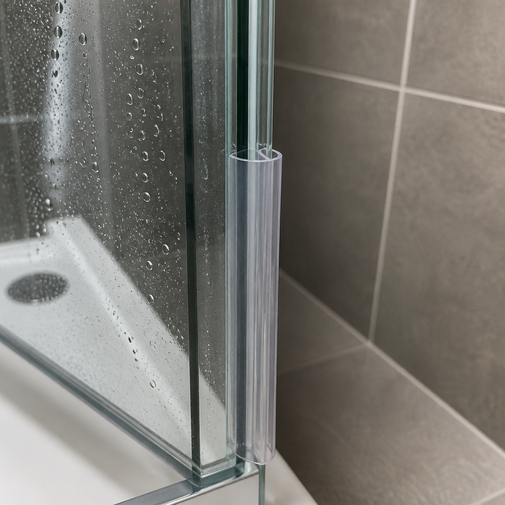 Clear tubular frame seal fitted to a glass door frame edge, water droplets on the glass