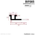 Cross-section: 32mm F-shaped strip, 5.5mm tall top-hat channel 9mm wide and a soft 12mm tail