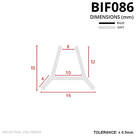 Drawing in mm of the A-frame grip: 15mm tall, 16mm across the feet, 8mm top opening and 10mm inner span