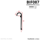 Line drawing in mm: curled hook 6.5mm wide and 5mm deep above a 34mm blade with a 2mm bead; rigid and soft key