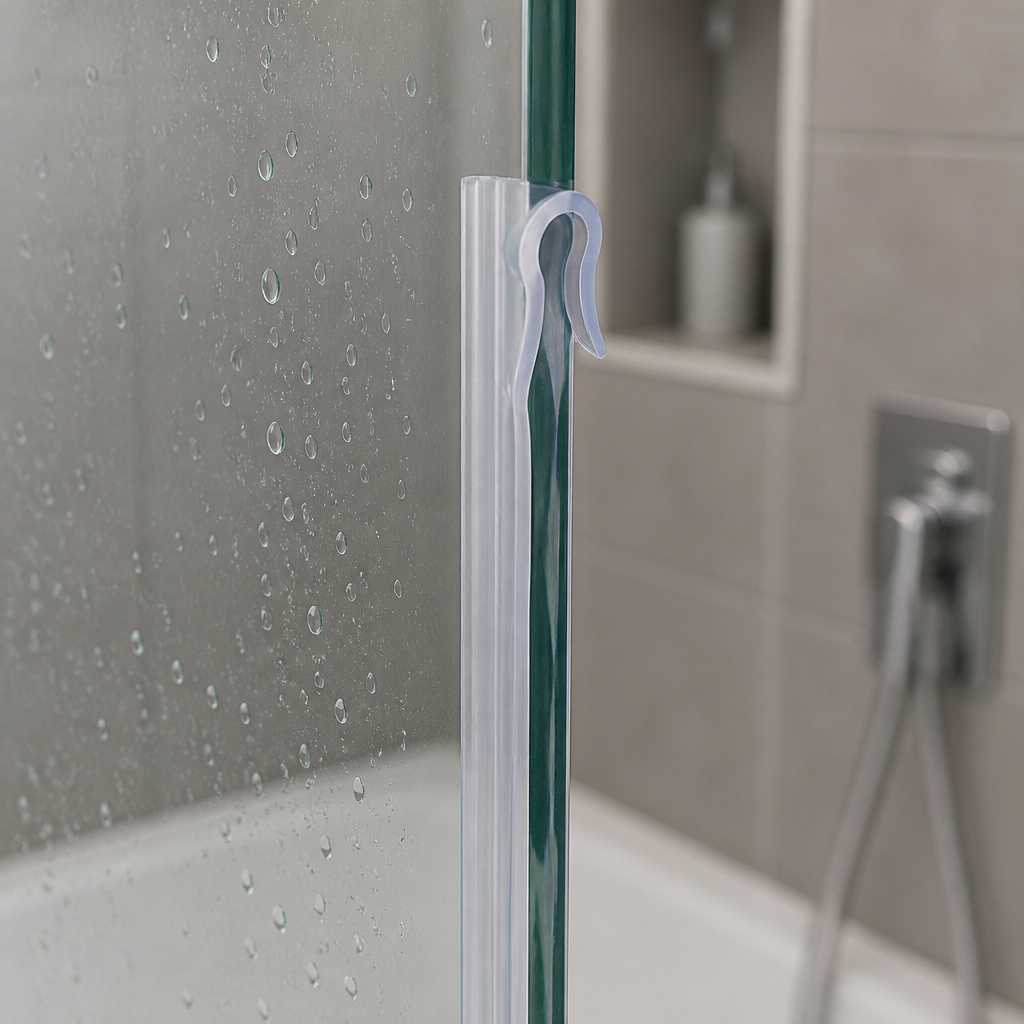 Lilac-highlighted T-hook seal fitted at a glass shower corner, niche shelf behind.