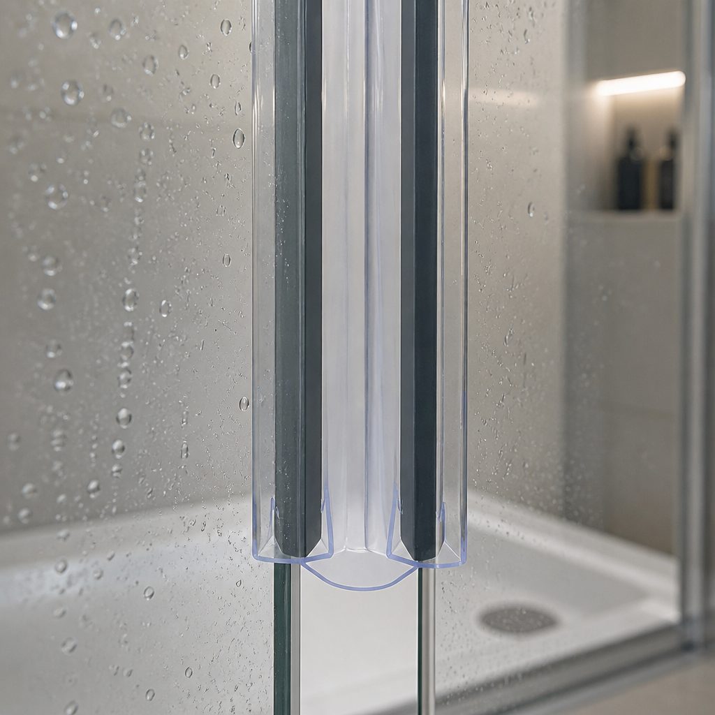 Clear seal fitted between two glass shower panels, bathroom niche with plant and bottles behind.