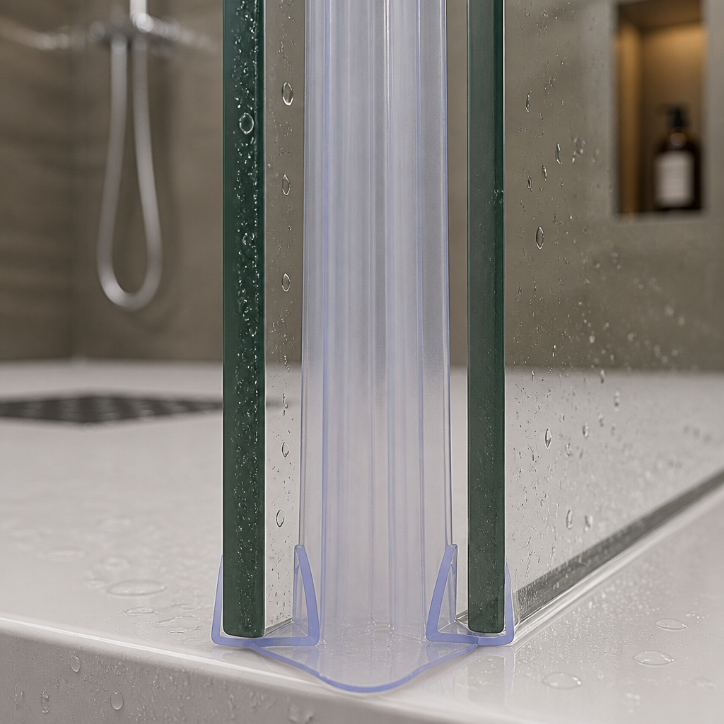Clear seal bridging two glass edges at a shower sill, chrome shower head and niche behind.