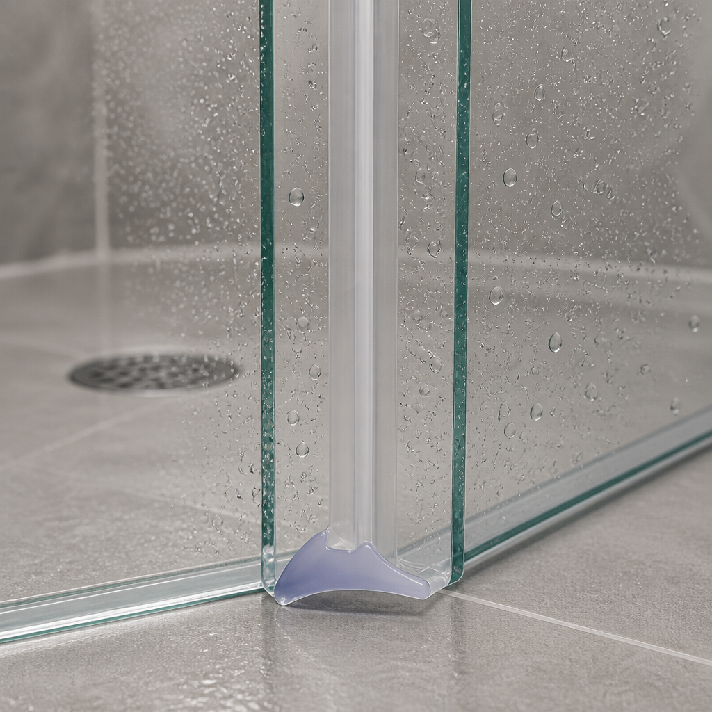 Clear seal with a lilac wave-shaped foot, fitted at the base of a shower door corner.