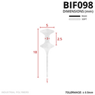 Scale cross-section in red mm dimensions: 5mm barbed head, 18mm tall, tapering to a 1mm tail, tolerance ±0.5mm