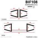 Drawing in mm, closed and open: 10mm channels 8mm deep, 25mm closed, 56mm open with a 34mm soft web