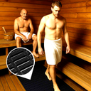 Black modular matting laid on the floor of a wood-panelled sauna, two men in towels.