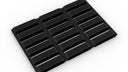 3D render of black modular matting with a grid and raised slat surface, on white.
