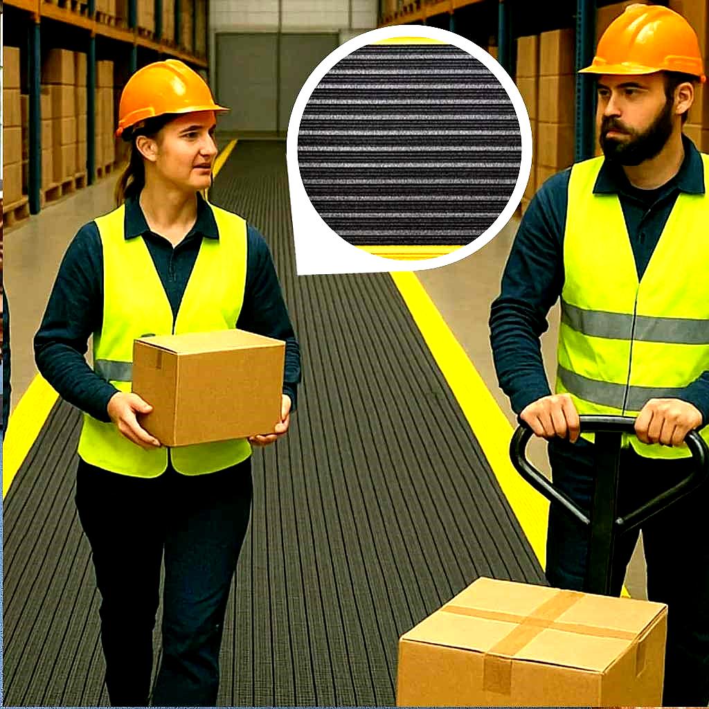 Black anti-fatigue noise reducing matting with ribbed texture providing cushioned support in a warehouse aisle. Two workers in safety vests and hard hats are using the durable PVC foam non-slip mat for safe movement, featuring yellow safety borders to delineate the walkway.