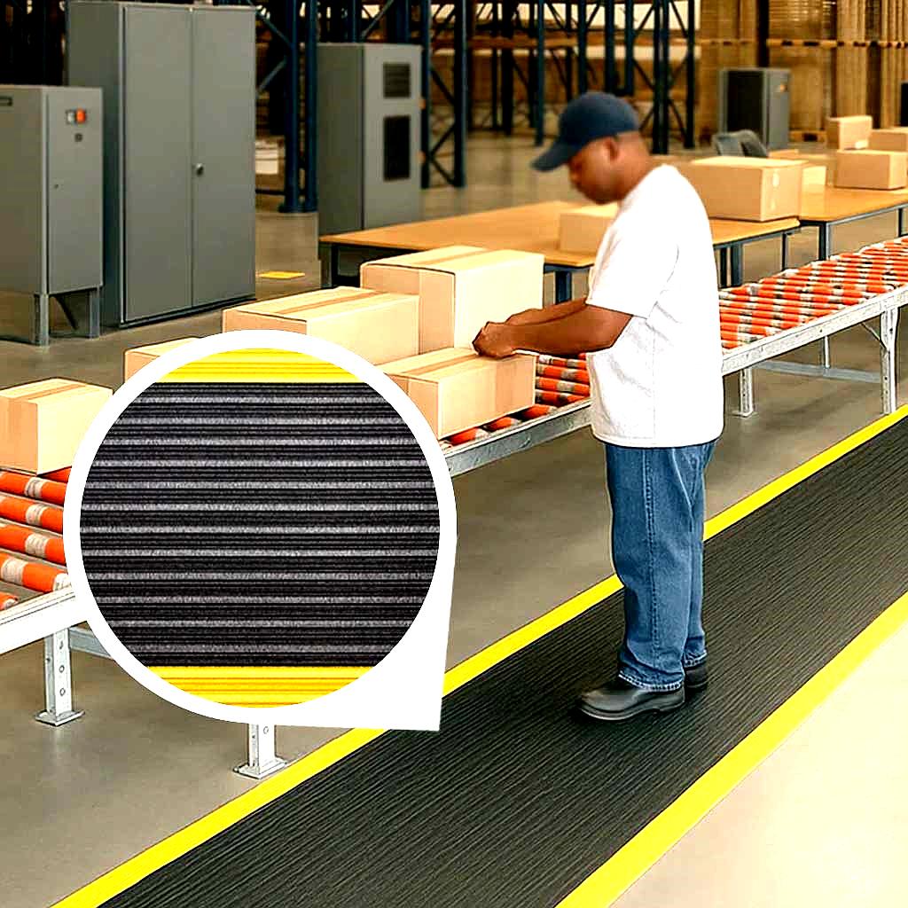 Black anti-fatigue noise reducing matting with yellow safety borders installed at an industrial conveyor belt workstation. A warehouse worker stands on the durable PVC foam non-slip mat while handling packages, benefiting from the cushioned support during long hours.