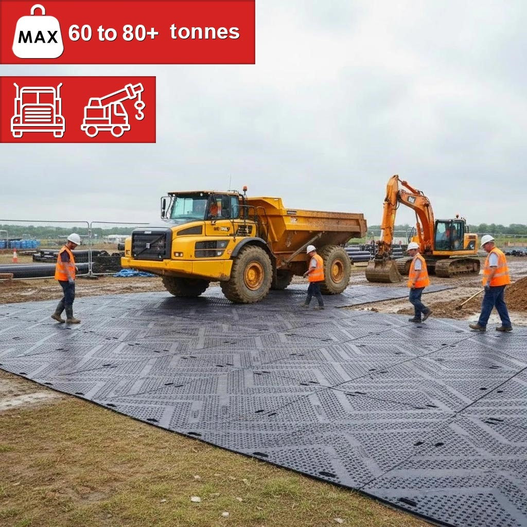 Black interlocking heavy-duty HDPE ground protection matting creating a temporary roadway, capable of handling 60 to 80+ tonnes of load from trucks and heavy plant machinery for construction site access.
