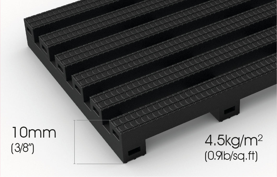 Black, modular Anti Fatigue Workplace Mat in close-up, highlighting the slip resistant textured top and elevated base for flow-through drainage. The mat has a thickness of 10mm (3/8") and is lightweight at 4.5kg/m².
