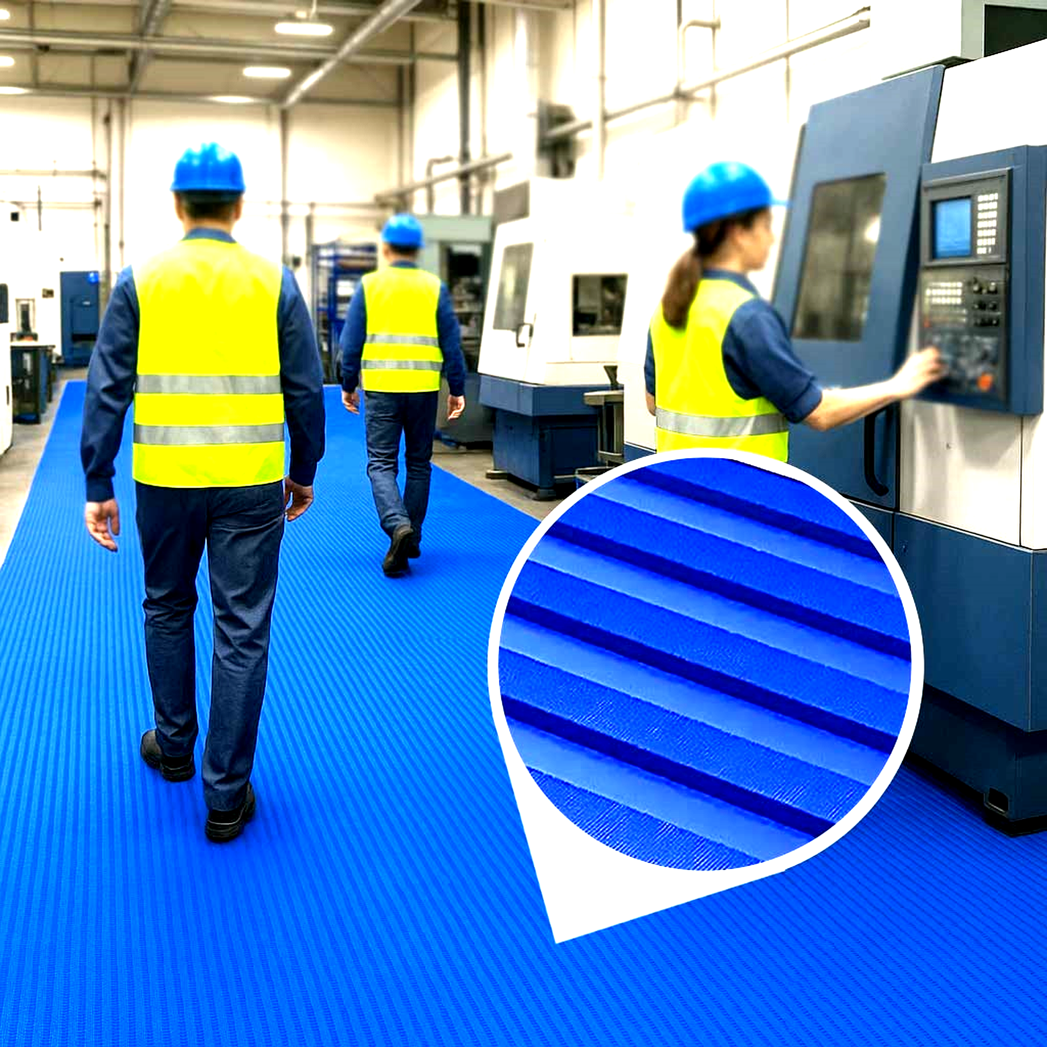 Blue, extra-resilient anti-fatigue PVC matting for industrial comfort, slip-resistant safety flooring solution for wet and dry areas.