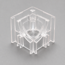 Clear rigid corner piece with curved central web and flat side wings on a grey studio background