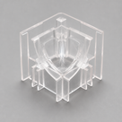 Clear rigid corner piece with curved central web and flat side wings on a grey studio background