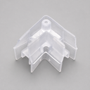Clear V-shaped corner piece with screw hole and stepped side flanges on a plain grey background