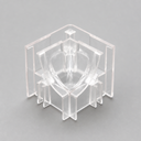 Clear moulded corner piece with curved shield-shaped centre and flat side plates, grey background