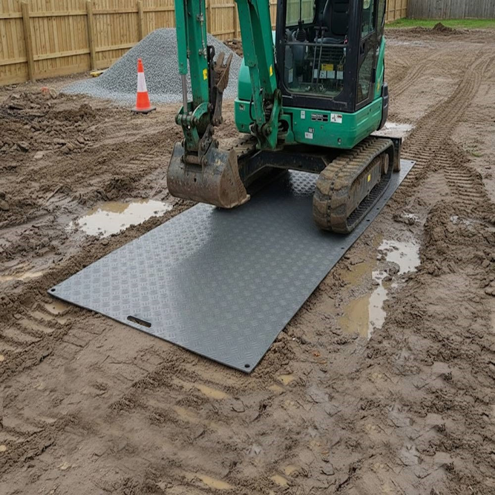 Construction site ground protection board with hand grips and connectors