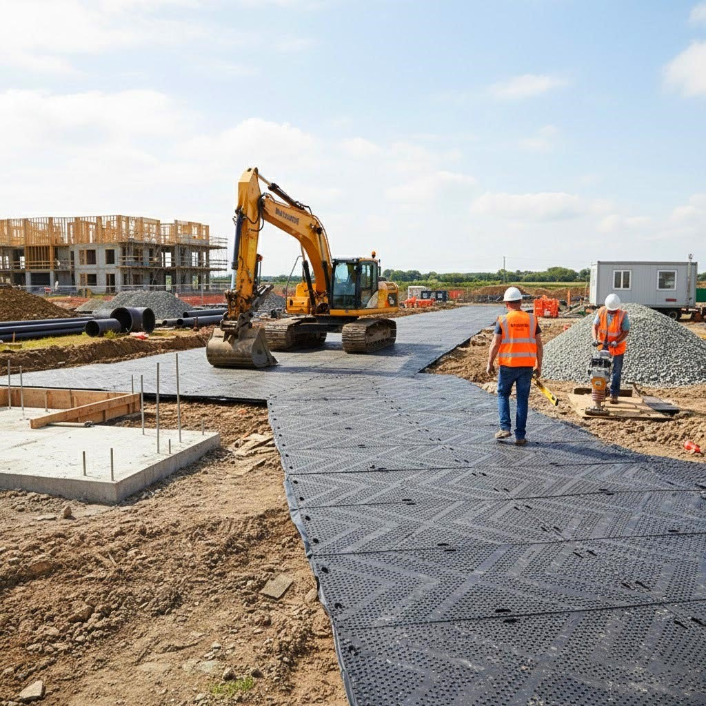 Construction site utilizing 2400x1200mm ground protection mats made from durable HDPE to form a stable, anti-slip temporary roadway for heavy machinery like an excavator, protecting the ground beneath and enhancing site safety.