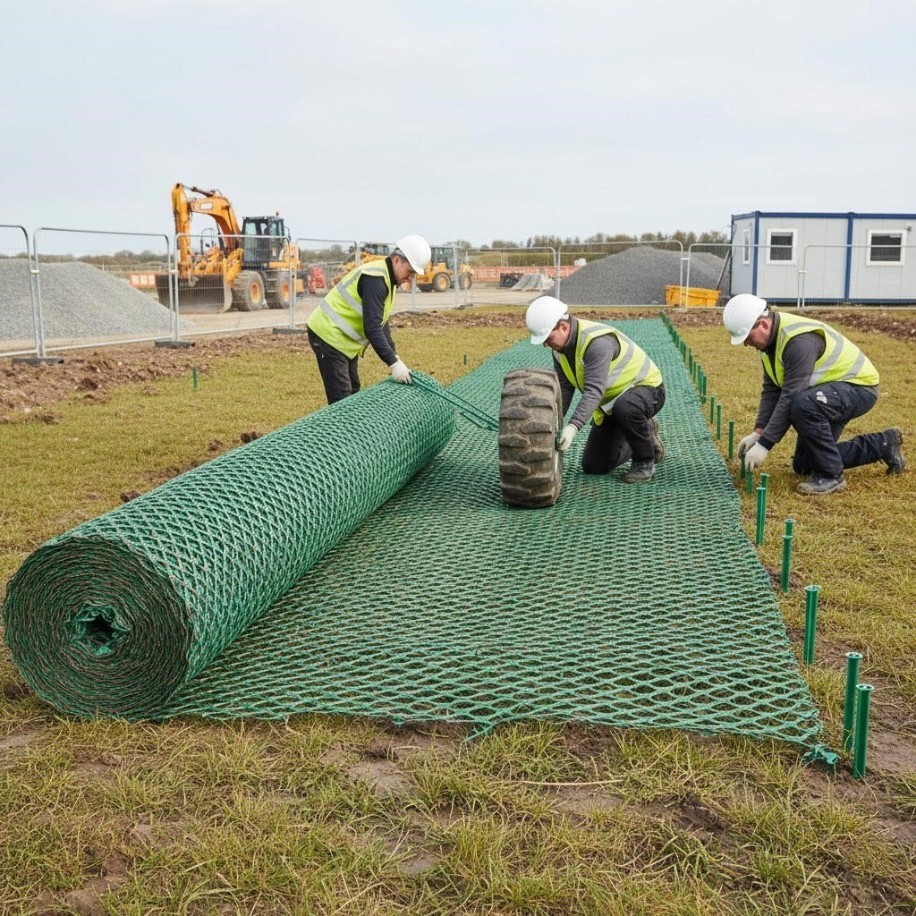 Construction workers installing heavy duty green grass protection mesh for ground reinforcement on a worksite