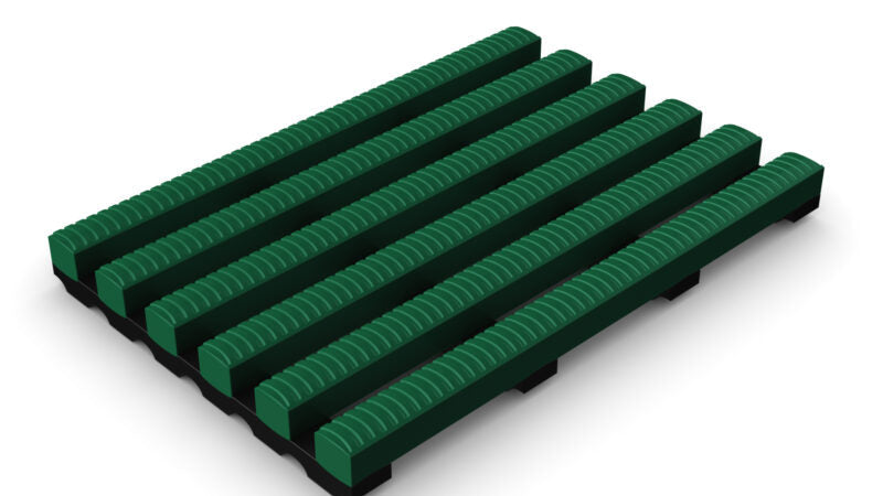 Dark green modular High-Traffic Pool and Wet Areas Safety Mat section, featuring wide, raised ribs and open drainage channels for maximum non-slip protection.