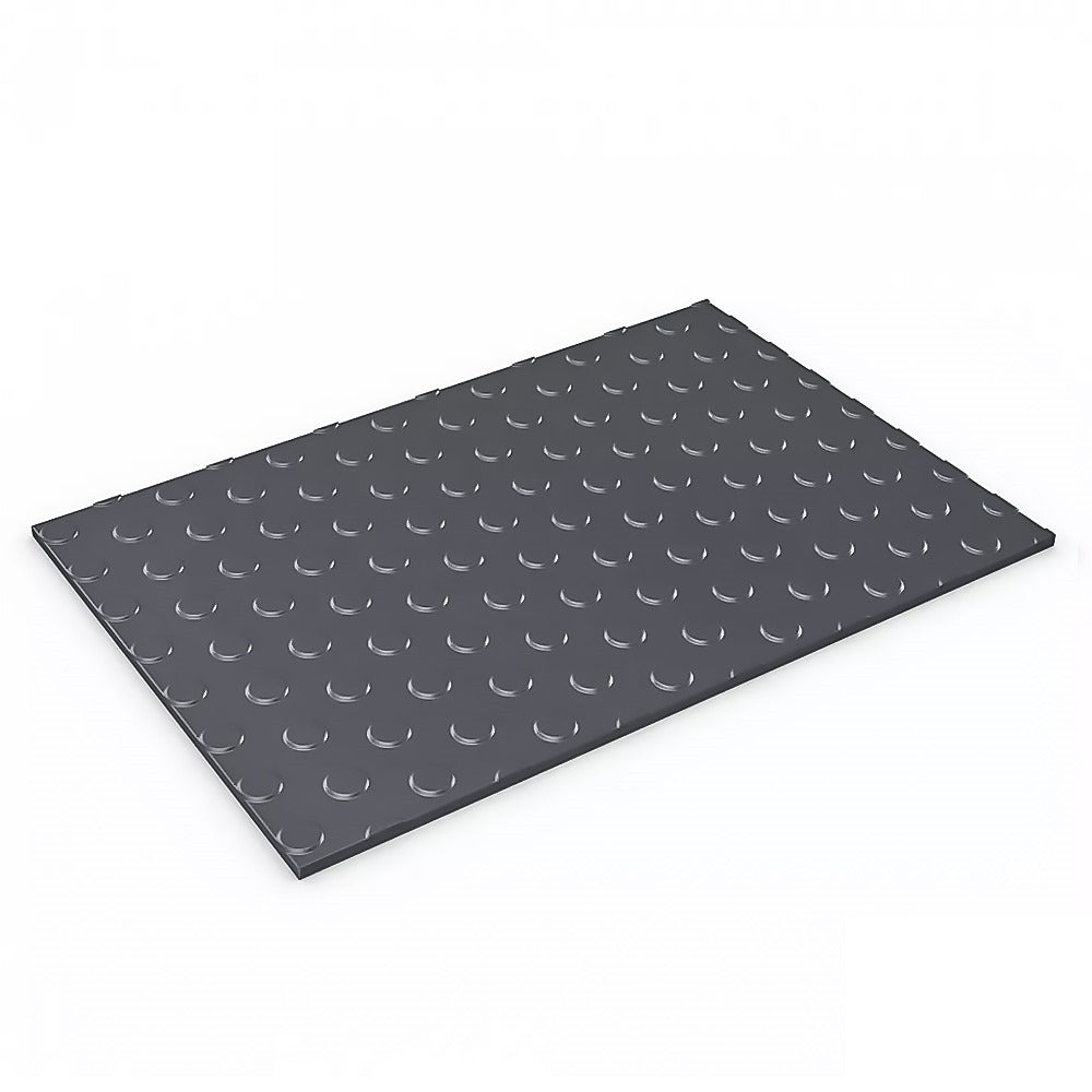 Dark grey, non-slip, dot-pattern heavy-duty PVC flooring for garages and workshops, waterproof and durable.