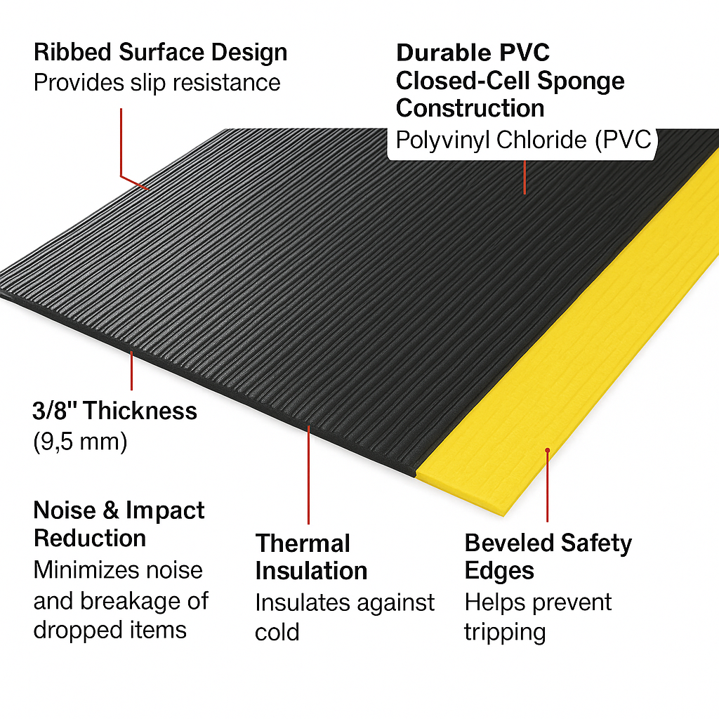 Detailed product diagram of the black anti-fatigue noise reducing mat, highlighting its ribbed non-slip surface, 3/8" durable PVC closed-cell sponge foam construction, thermal insulation, and yellow beveled safety edges for trip prevention at workstations.
