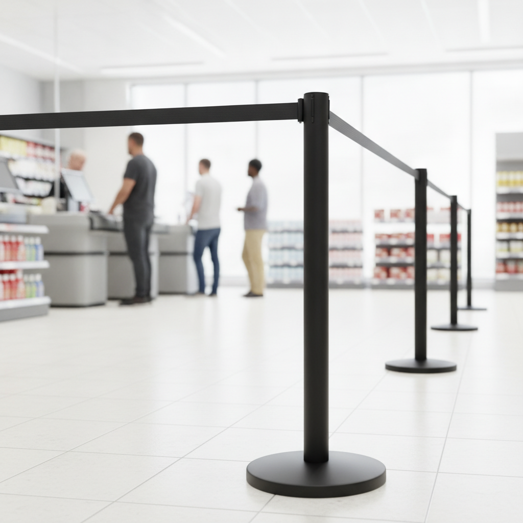 Row of black retractable belt barrier stanchions forming a queue lane in a busy retail store checkout area