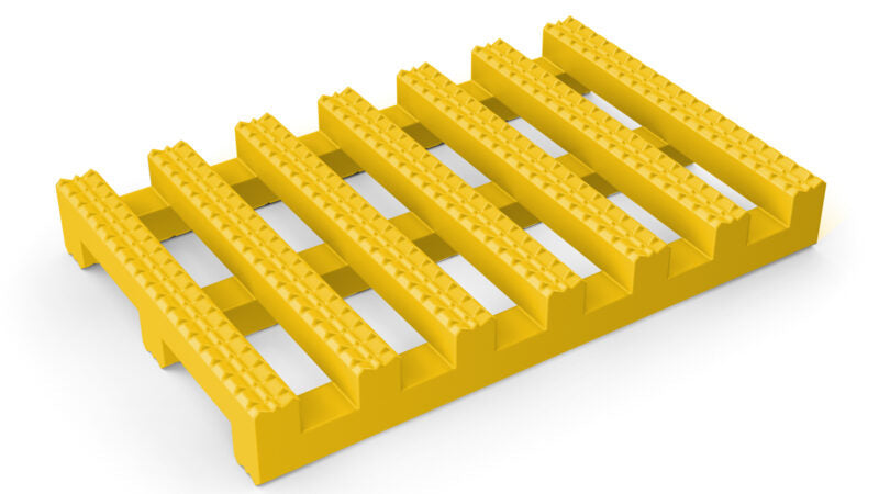Durable bright yellow PVC mat section for flat roof protection, featuring an aggressive non-slip texture and an open design for superior water drainage.