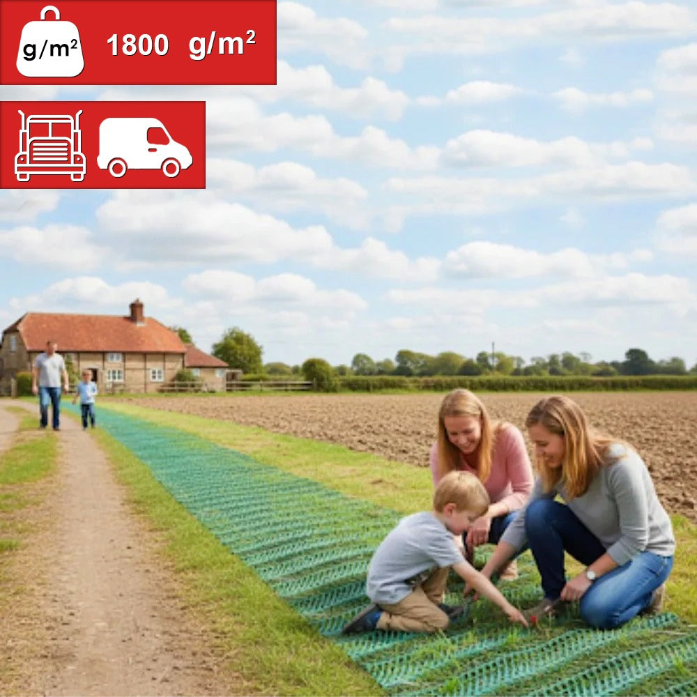 Extra heavy-duty grass protection mesh laid on ground for HGV access