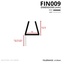 Cross-section: 12.5mm tall glass channel, 10mm wide, with a soft fin in 8mm to 35mm depths