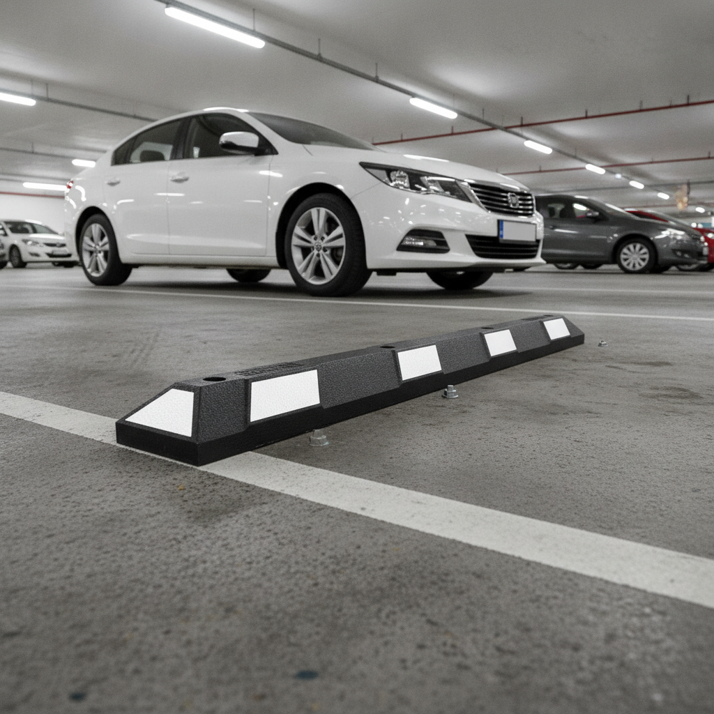 Black and white rubber car park wheel stop bolted down in an underground multi-storey car park with a car parked behind it