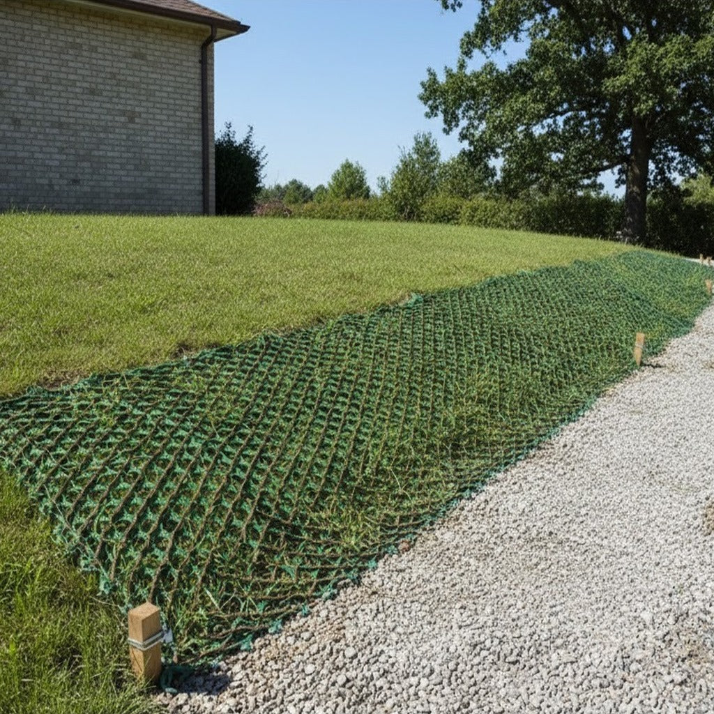 Grass Protection Mesh 1800g/m2 installed along a gravel driveway for embankment stabilization and ground reinforcement beside a residential home.