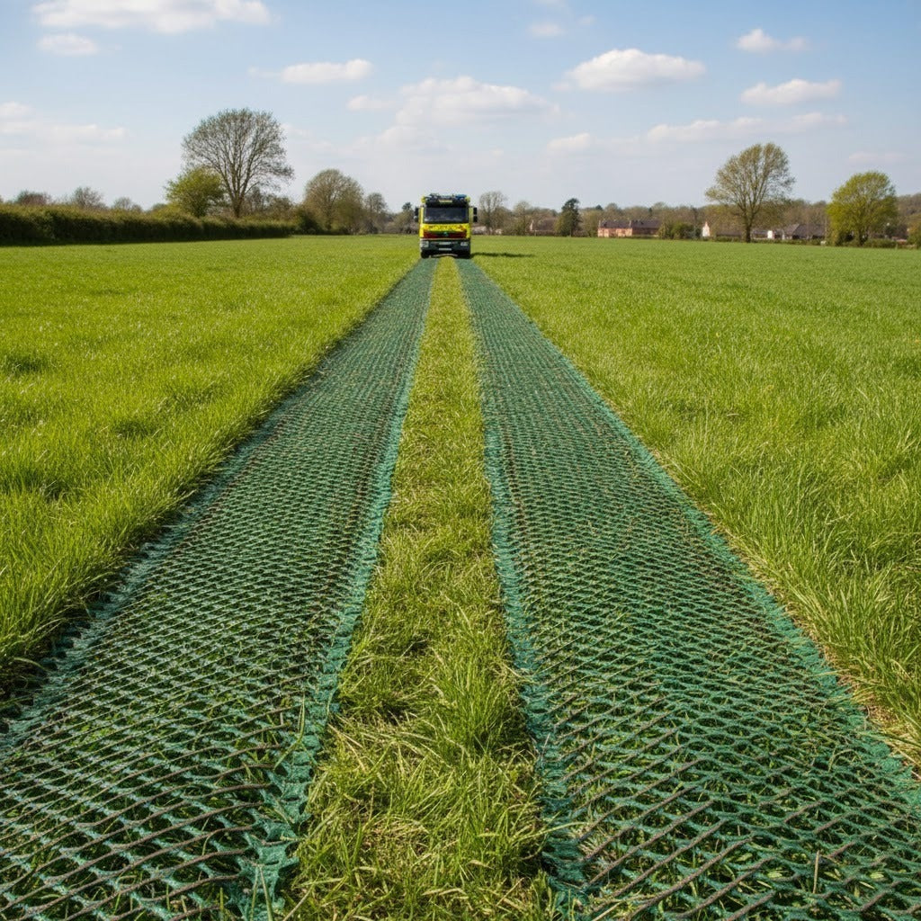 Grass Protection Mesh 1800g/m2 installed as a reinforced emergency access route across a grass field, suitable for fire engines or refuse trucks.