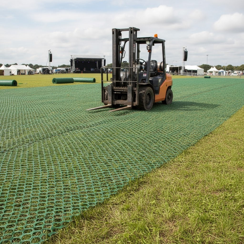 Grass Protection Mesh 1800g/m2 installed as a temporary roadway and ground protection for a heavy-duty forklift at an outdoor festival or event site.