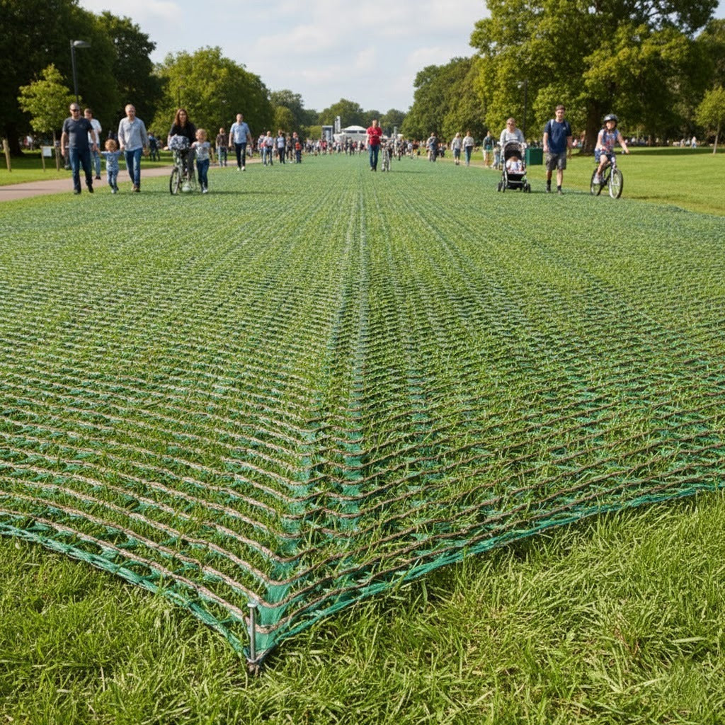Grass Protection Mesh 1800g/m2 installed in a busy park, creating a reinforced, anti-slip pedestrian walkway and cycle path for crowds at an outdoor event.