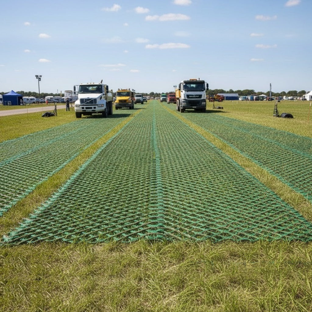 Grass Protection Mesh 1800g/m2 installed in strips to create a robust temporary roadway or construction access route across a field, supporting heavy goods vehicles (HGVs) and trucks.