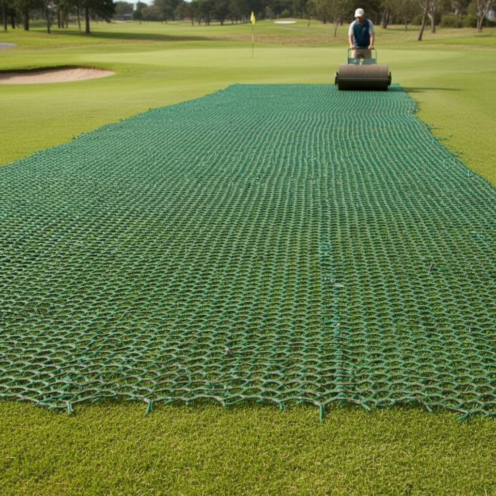 Grass Protection Mesh 1800g/m2 installed on a golf course or sports field for turf maintenance and ground reinforcement, with a worker rolling the surface in the background.